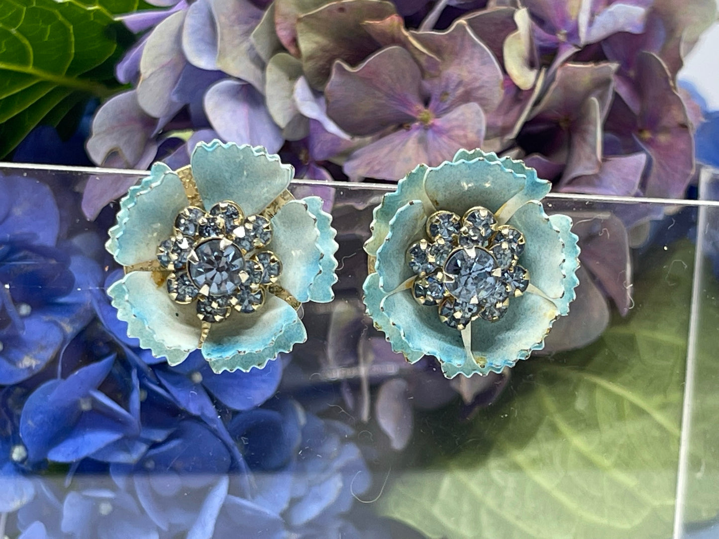 Blue Crystal Rhinestone Floral Vintage West Germany Style Clip Earrings