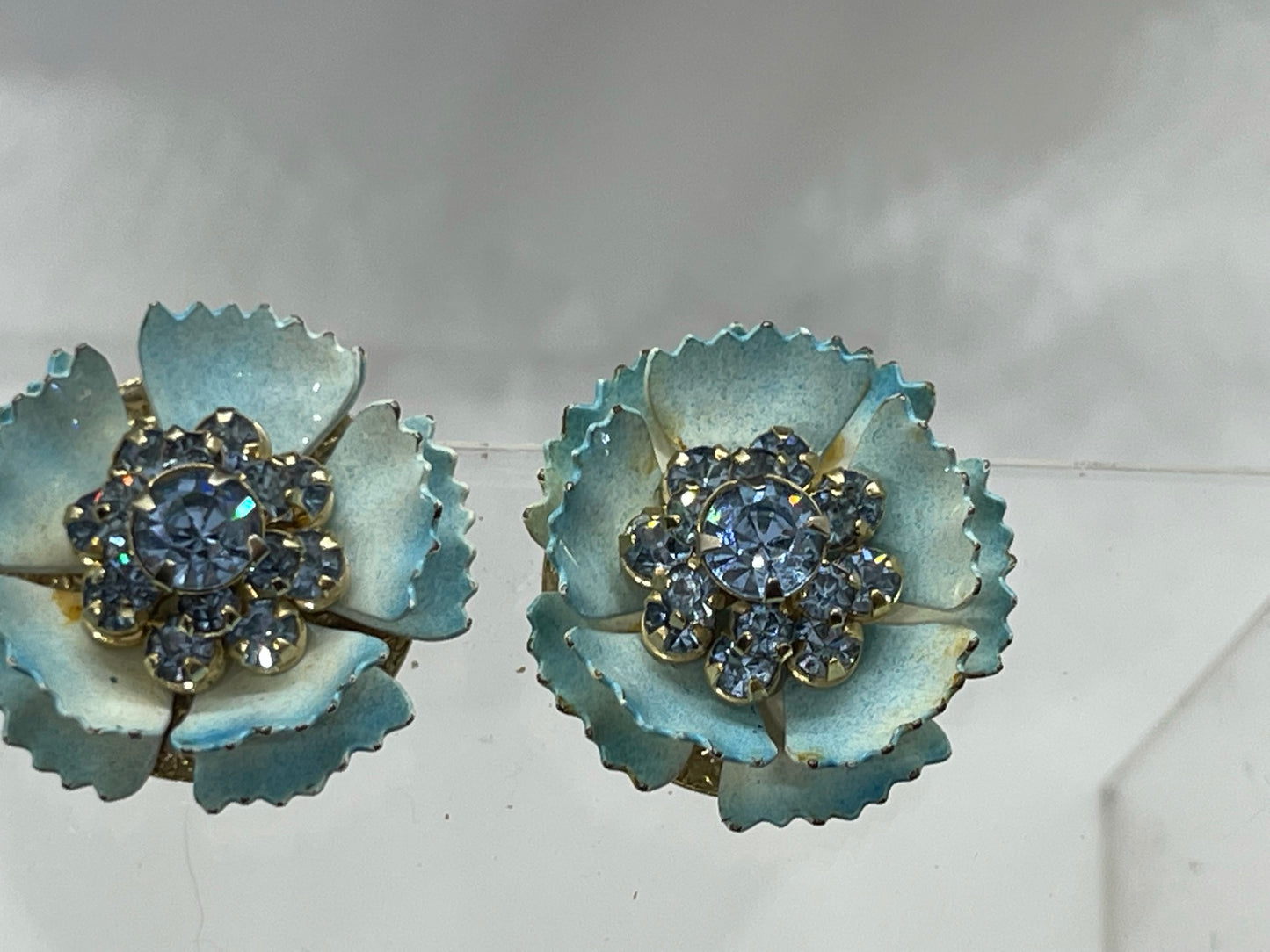 Blue Crystal Rhinestone Floral Vintage West Germany Style Clip Earrings