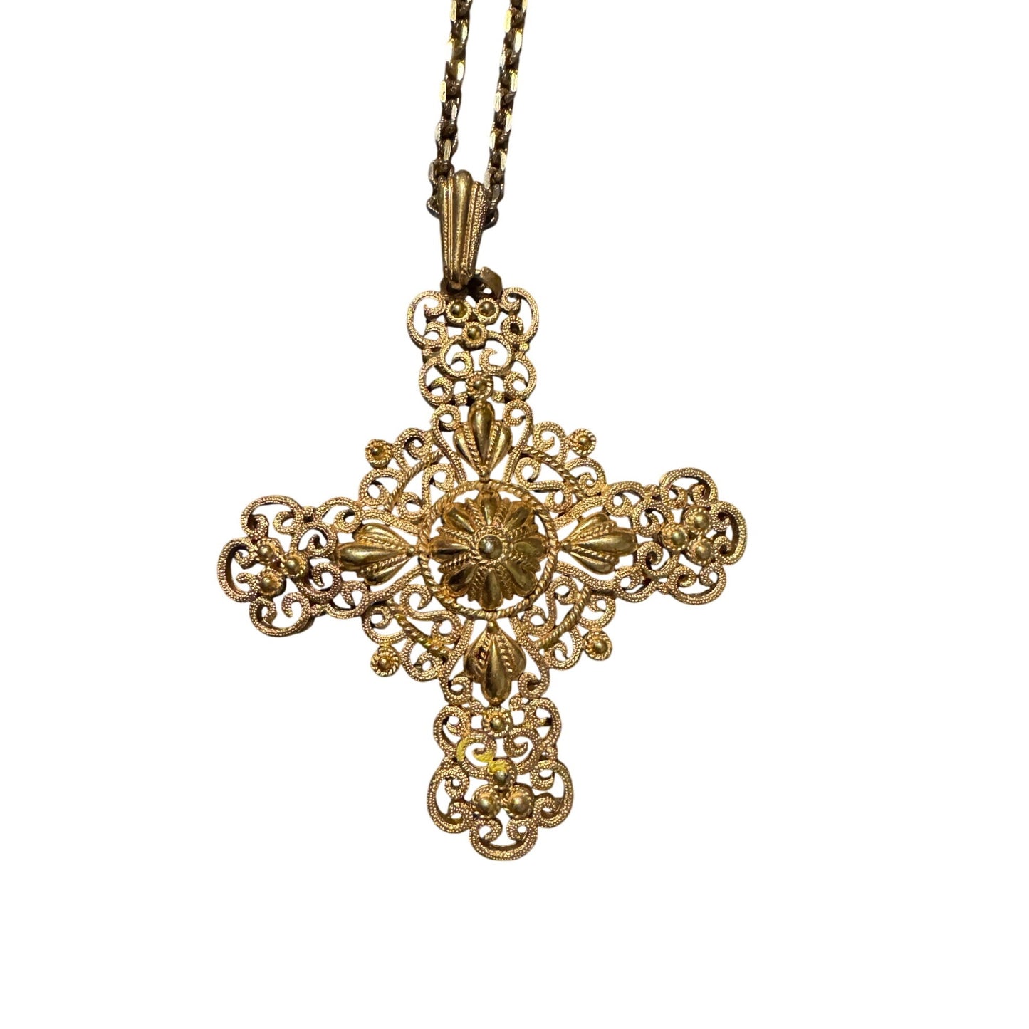 Vintage Crown Trifari Gold Tone Filigree Cross Pendant Necklace