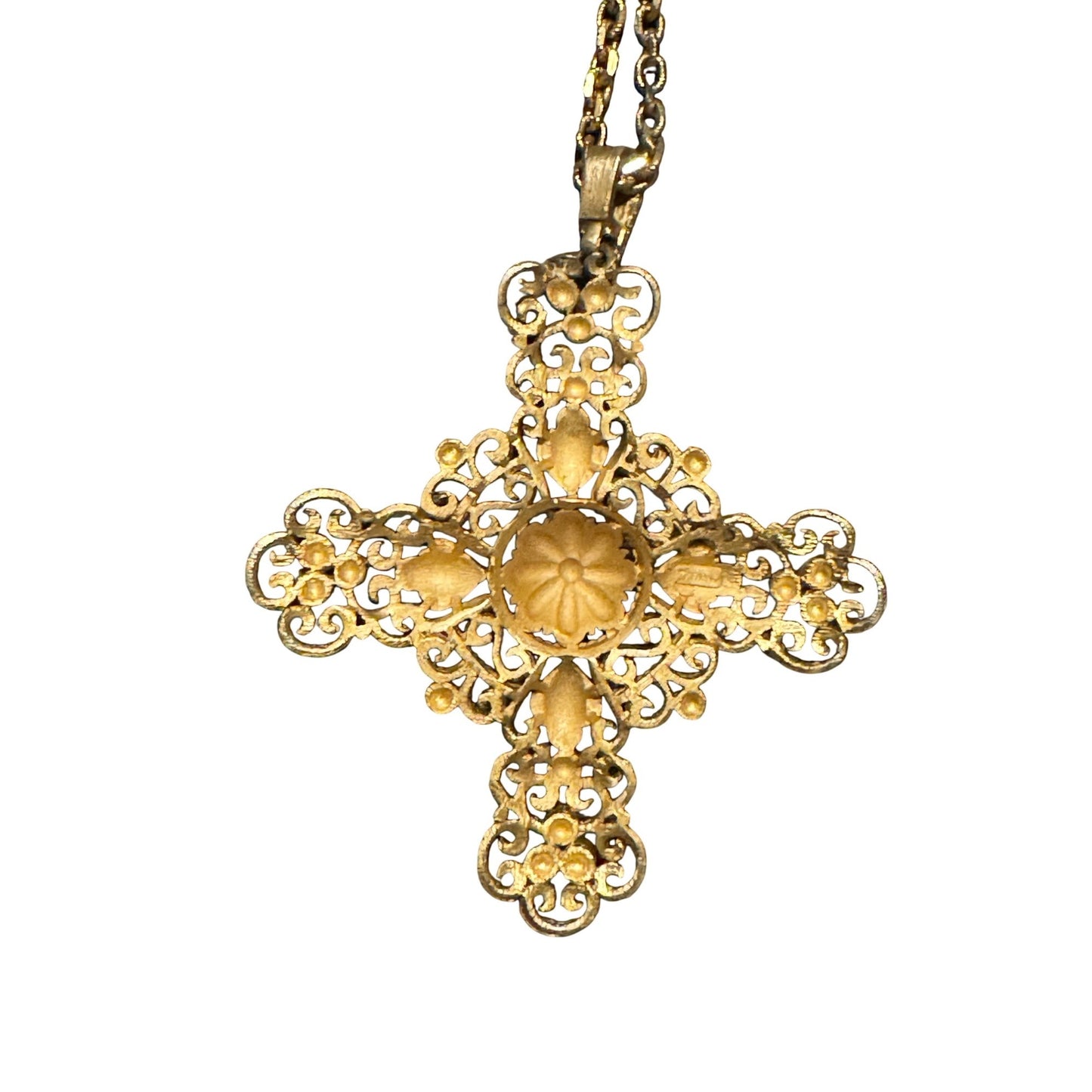 Vintage Crown Trifari Gold Tone Filigree Cross Pendant Necklace