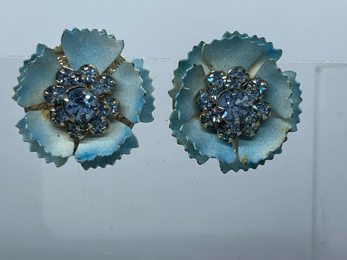 Blue Crystal Rhinestone Floral Vintage West Germany Style Clip Earrings