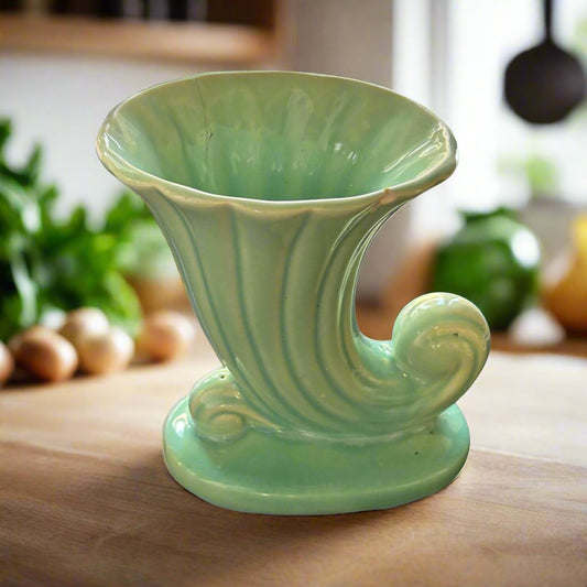 Vintage Green Ceramic Cornucopia Vase