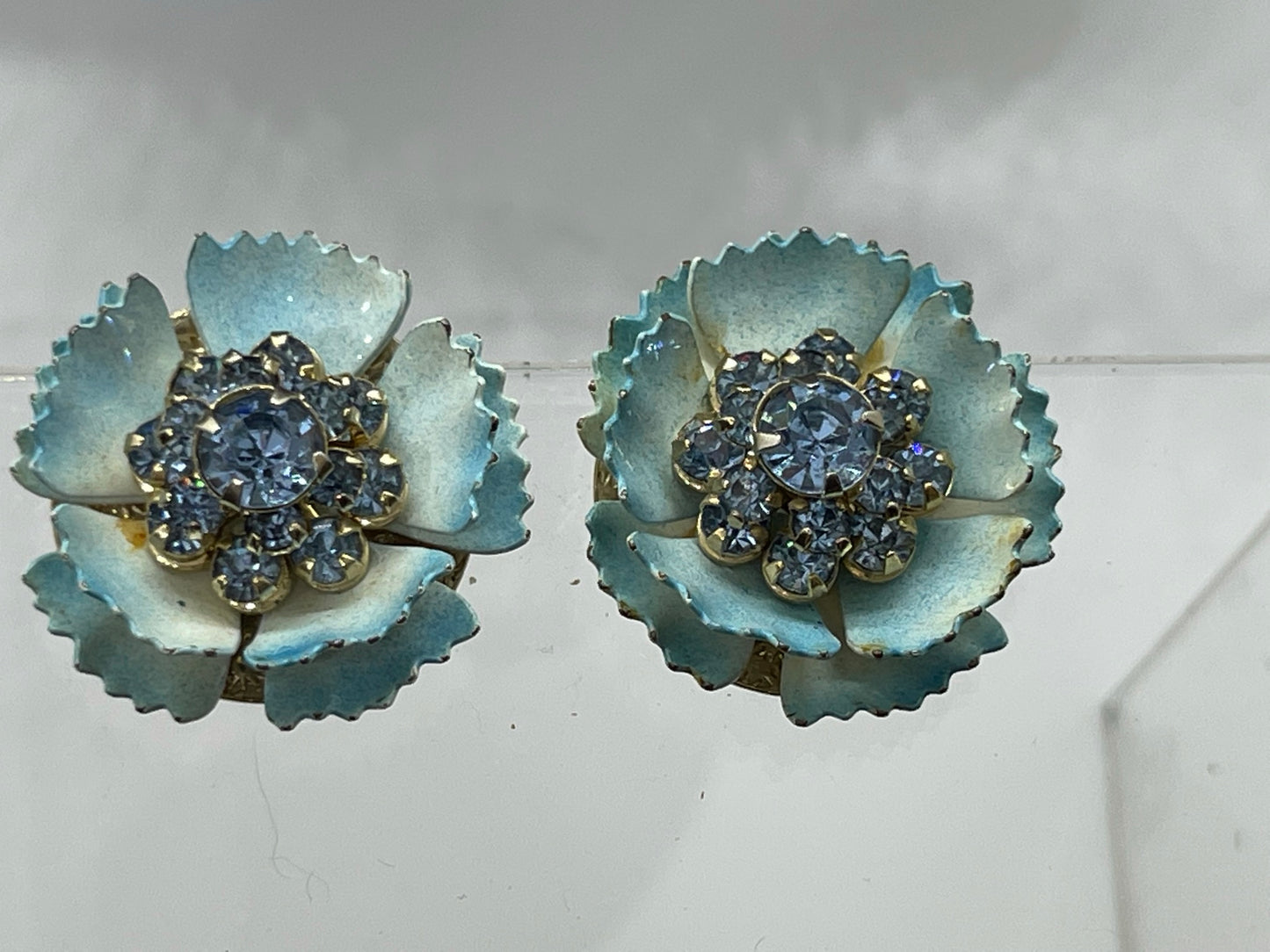 Blue Crystal Rhinestone Floral Vintage West Germany Style Clip Earrings