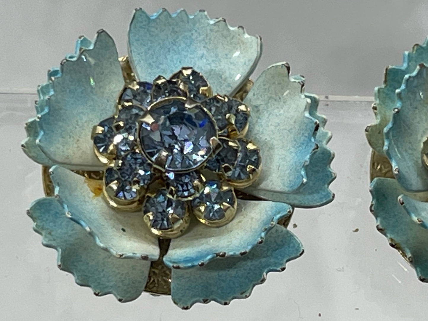 Blue Crystal Rhinestone Floral Vintage West Germany Style Clip Earrings