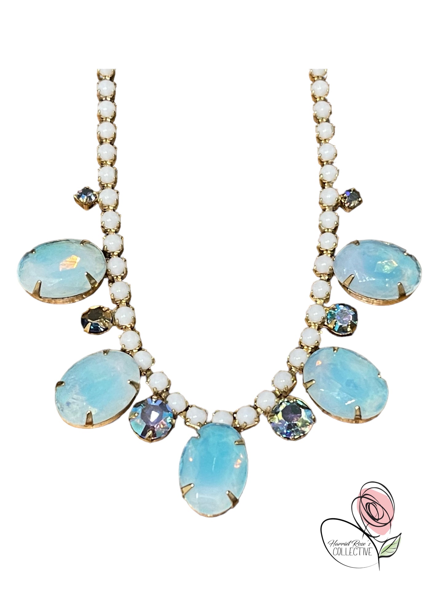 Vintage 1950's Light Blue Frosted Givre glass and Aurora borealis Rhinestone Necklace