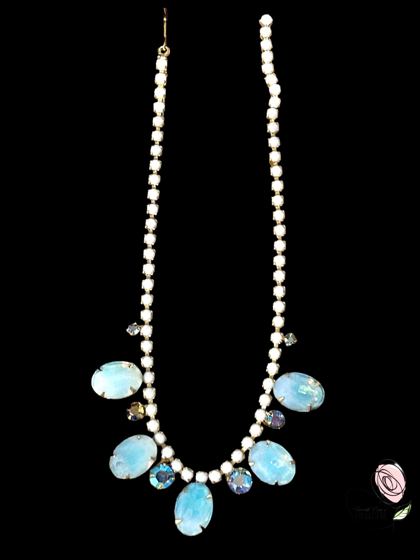 Vintage 1950's Light Blue Frosted Givre glass and Aurora borealis Rhinestone Necklace