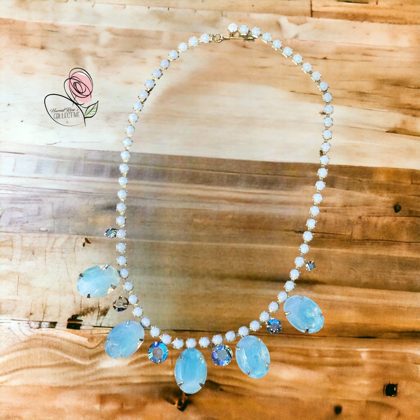 Vintage 1950's Light Blue Frosted Givre glass and Aurora borealis Rhinestone Necklace