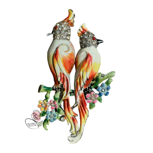 Vintage Coro Duette Brooch Pin Enameled Parrots & Rhinestones 1940s Jewelry